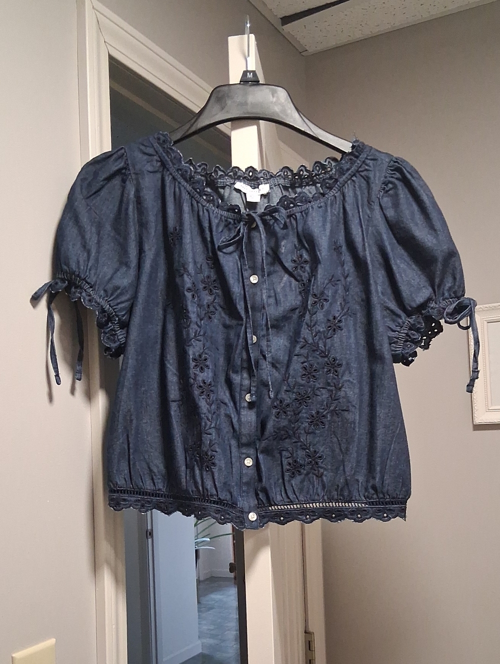 Free Assembly Embroidered Denim-Blue Peasant Blouse with Tie Sleeves - Women
